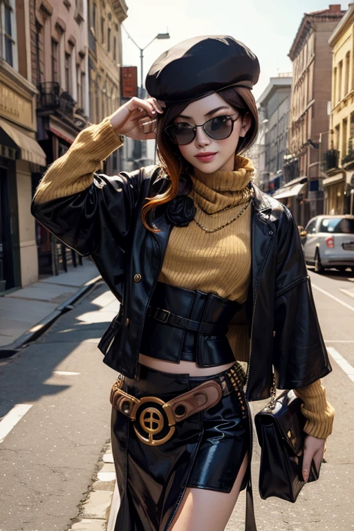 (masterpiece, best quality:1.2),  solo, 1girl, coco adel, grin, looking at viewer, hand on hip, beret, sunglasses, orange sweater, corset, black gloves, skirt, jewelry, belt, bandolier