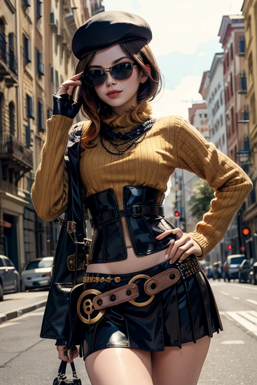 (masterpiece, best quality:1.2),  solo, 1girl, coco adel, grin, looking at viewer, hand on hip, beret, sunglasses, orange sweater, corset, black gloves, skirt, jewelry, belt, bandolier