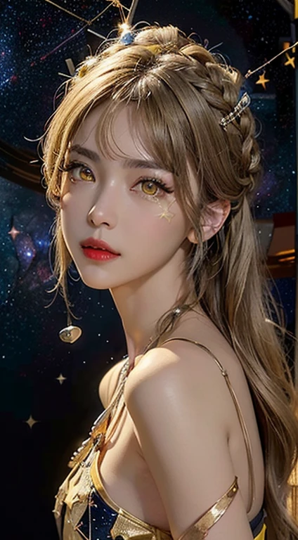 Huge breasts、27-year-old girl、sexy yellow deep slit chest、black lace deep slit chest、Extravagant glitter style、dark and mysterious version、red lipsticks、 thin and clean lips、don't smile、Keep your mouth shut、Characters created by Karol Baku and Pino Denis、intricate-detail、细致背景、A highly detailed、light magic、One lady、face perfect、Clear face、Look at the goddess's face and round breasts、long hair with a flat bangortiful face and well-proportioned eyes、 (yellow eyes:1.8)、big round eyes and very beautiful and meticulous makeup,、Long Silk Shirt、Mystical makeup、Wearing flat bangs and dyed bright blonde、The upper part of the bodyは女神です、Arms are drooping、 realisiticで鮮やかな画像、(stars that make up the zodiac:1.7)、 (Broken constellations with broken constellations on sky background and gate of space and time、Textured:1.8)、fiction art、Raw photography、Photo by Hanf Fost、The highest resolution、best qualtiy、best photo quality、The 8k quality、8K Extreme、超realisitic、最もrealisiticな、goddess portrait art、1 portrait of a goddess、 最もrealisiticな配est picturesの色, masterpiece, hair adornments, a necklace, jewely, cute face, The upper part of the body, Tindall Effect, フォトrealisitic, Dark Studio, border light, bright two-tone color, (High detailed skin:1.2), 8K UHD, Digital SLR, softlight, hightquality, Volumetric Lights, realisitic, snap shot, hight resolution, 4k画质, 8K, bokeh dof, Smooth and sharp, 10x pixel increments, 女性のSexy Goddess, Sexy Goddess、