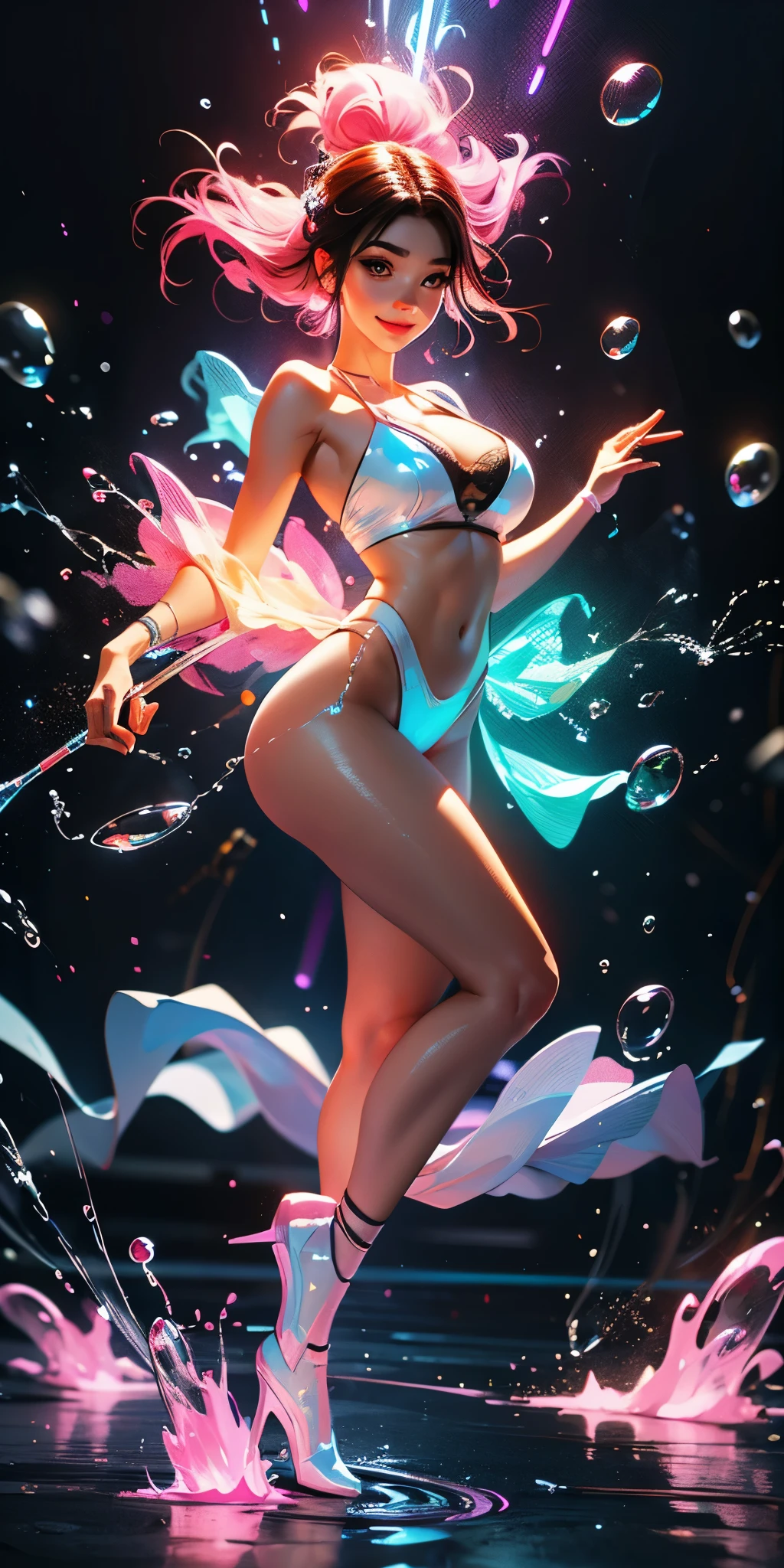 a glowing head made of glass and a glowing body made of glass, beautiful face, detail face, full body (breast), long legs, nice smile, good arms and hands, pink neon glowing lights, water bubbles, amazing particles pulling out of the glass head and body, like droplets of glass floating, 8k highly detailed digital art, intricate artwork, octane render, mind-bending digital art, breathtaking digital art, 3d digital art, 8k hd wallpaper, volumetric lighting, highly reflective glass particles