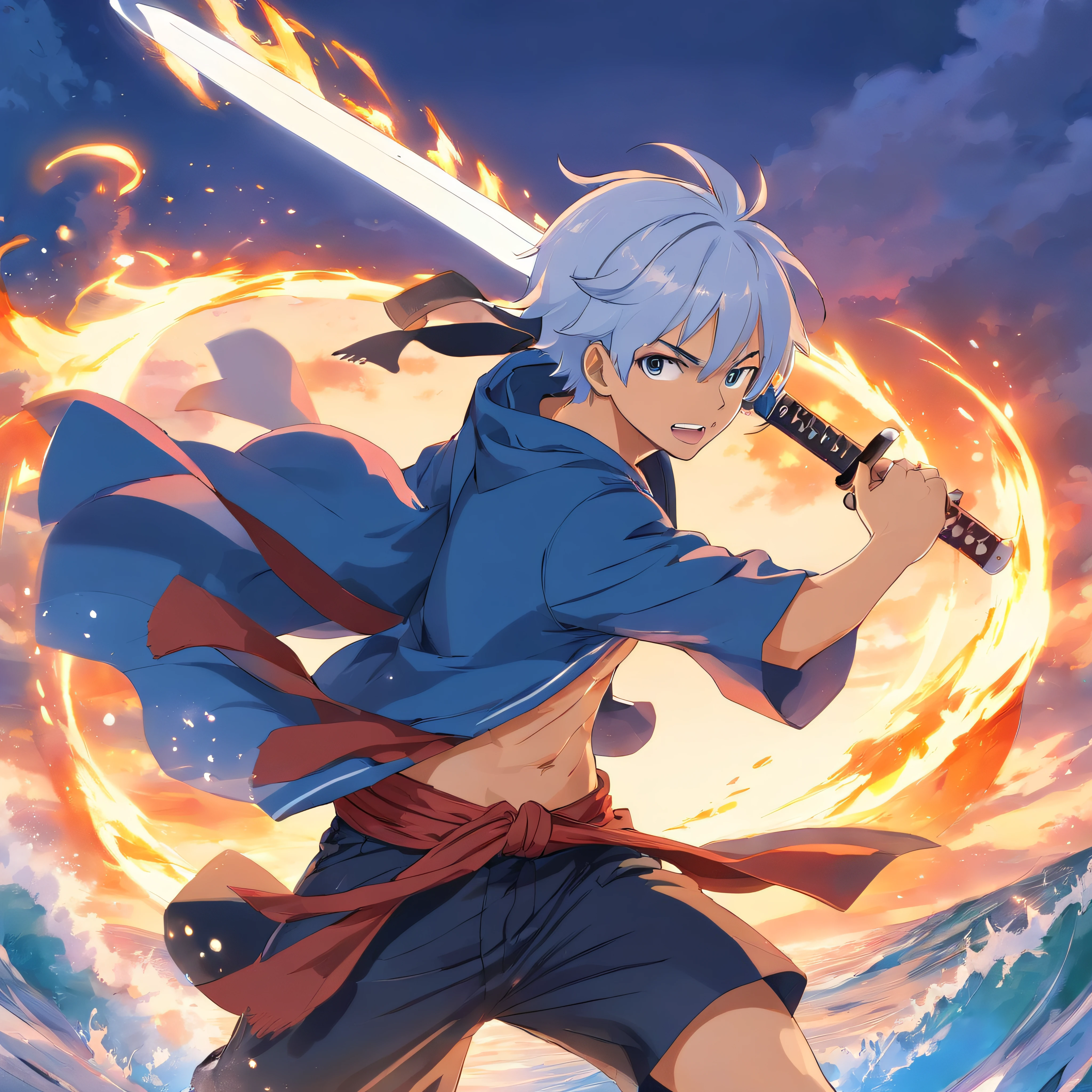 um homem, medium white colored hair, olhos vermelhos que mostre todas suas cicatrizes de batalhas, holding three black swords, com roupas de samurai mostrando sua barriga trincada por conta de treinos intensos, with teeth as sharp as a shark's, with various scars on his body, obra-prima, melhor qualidade, 2D, arte anime One Piece, anime 4k, contorno perfeito