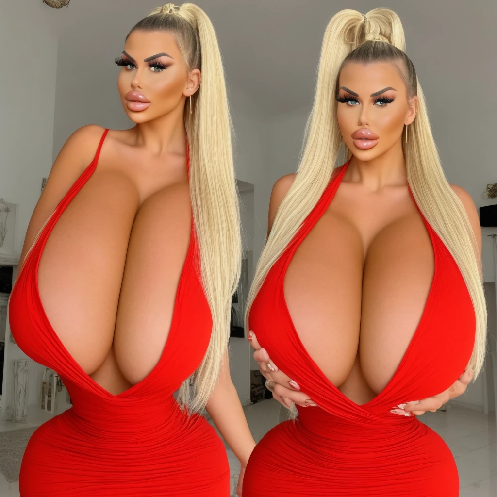 1girl, solo focus, masterpiece, best quality, Full body photo, sexy bimbo, huge breasts, blond hair ponytail, wearing a long sexy gown