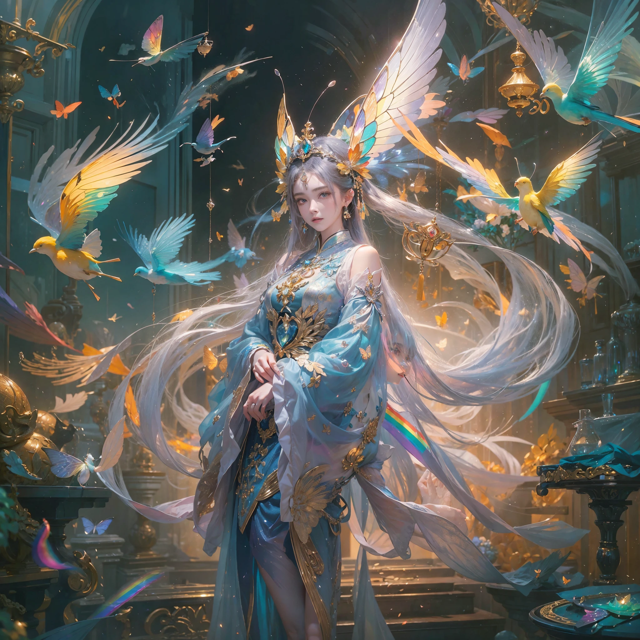 (((tmasterpiece))), (((Best quality))), ((ultra - detailed)),(Highly detailed CG illustration), ((Extremely Delicately Beautiful)),电影lamplight, 模仿当前流行的该type的风格,Create stunning works of fantasy art. 艺术作品应contains an icon神话幻想和童话幻想的元素,And comes in dreamy rainbow colors. ((Use rainbow as primary color scheme.)) The character in the work is a delicate and strong petite figure,Full of mystery and magic, (美丽的Translucent rainbow翅膀). Pay close attention to intricate facial features, Such as vibrant colors and eye-catching shadows. The character's costume should be designed with gossamer feathers, silk dress, Amazing embroidery, and subtle iridescent details. contains an icon (((Translucent rainbow))), dream color, 动态照明, Detailed background elements create a sense of awe and immersion. Includes a colorful flying magical bird and a jewel-toned rainbow butterfly with a magical halo. Consider the latest trends in fantasy art, 例如融入独特的lamplight效果, Discover dynamic and eye-catching composition techniques, And try a unique color palette. Get inspired by artists on ArtStation and Midjourney. cameras: Choose an angle that highlights the beauty of the figure and enhances the magical majesty of the artwork. lamplight: Leverage mood lighting technology to create depth and mood. settle down: Pursue high-resolution artwork,Demonstrate intricate detail and clarity. Artistic inspiration: Find inspiration from popular artists on ArtStation, Explore different styles, type, and the theme.