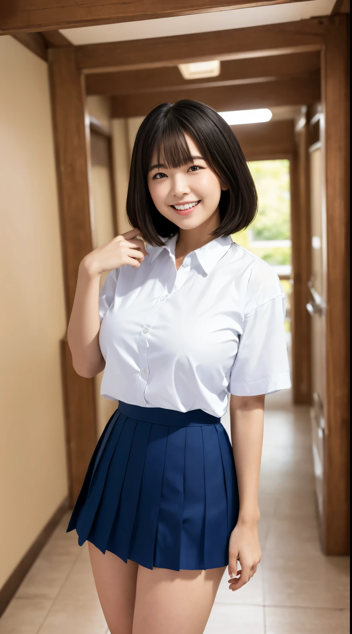 (in 8K、超A high resolution、Best Quality、masuter piece、Photorealsitic、The ultra -The high-definition)、huge tit、爆乳、hi-school girl、White shirt、navy pleats skirt、lowfers、black hair short cut、school hallway、A Japanese Lady、Super cute、Cute smile