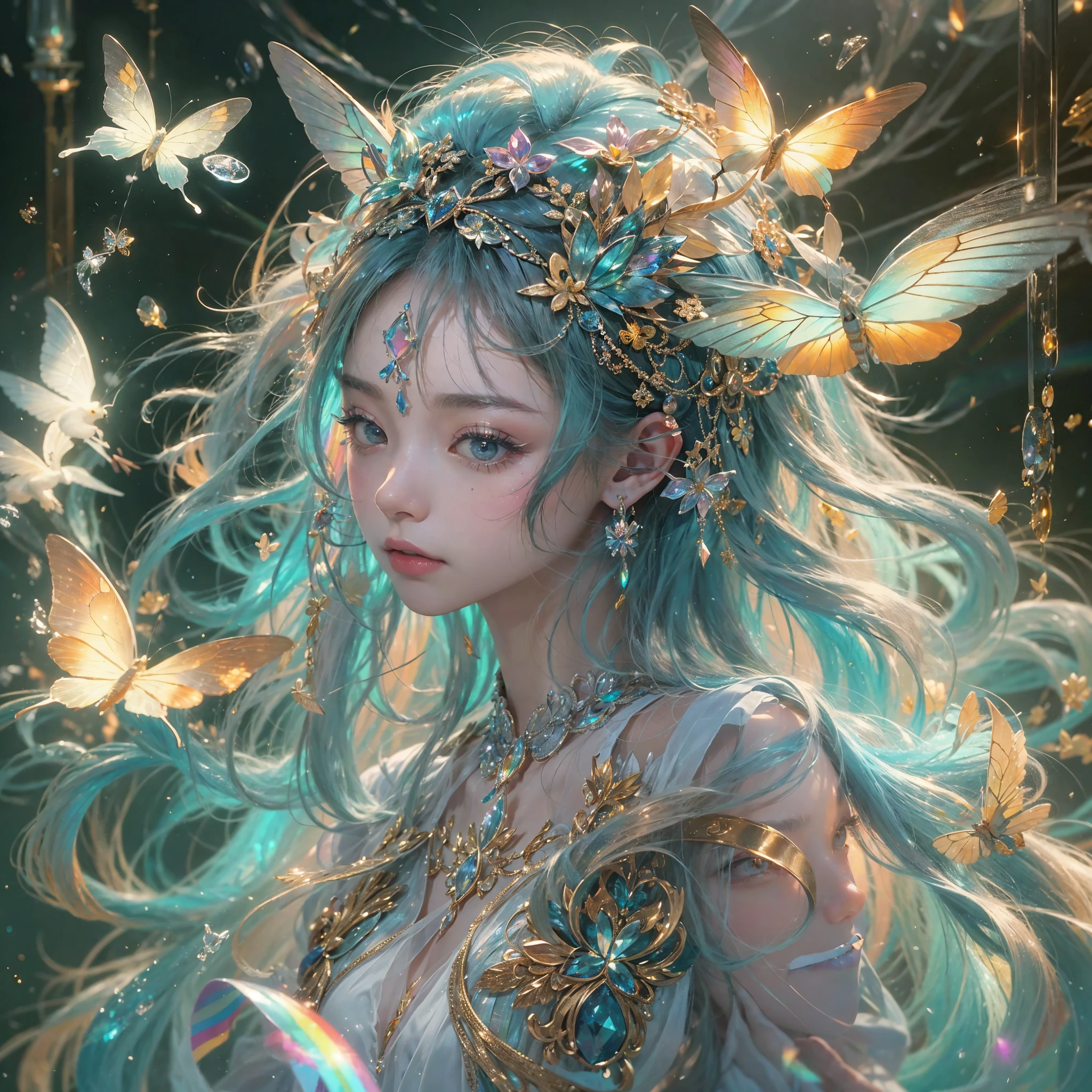 (((tmasterpiece))), (((Best quality))), ((ultra - detailed)),(Highly detailed CG illustration), ((Extremely Delicately Beautiful)),电影lamplight, 模仿当前流行的该type的风格，Create stunning works of fantasy art. 艺术作品应contains an icon神话幻想和童话幻想的元素，And comes in dreamy rainbow colors. ((Use rainbow as primary color scheme.)) The character in the work is a delicate and strong petite figure，Full of mystery and magic， (美丽的Translucent rainbow翅膀). Pay close attention to intricate facial features, Such as vibrant colors and eye-catching shadows. The character&#39;s costume should be designed with gossamer feathers, silk dress, Amazing embroidery, and subtle iridescent details. contains an icon (((Translucent rainbow))), dream color, 动态照明, Detailed background elements create a sense of awe and immersion. Includes a colorful flying magical bird and a jewel-toned rainbow butterfly with a magical halo. Consider the latest trends in fantasy art, 例如融入独特的lamplight效果, Discover dynamic and eye-catching composition techniques, And try a unique color palette. Get inspired by artists on ArtStation and Midjourney. cameras: Choose an angle that highlights the beauty of the figure and enhances the magical majesty of the artwork. lamplight: Leverage mood lighting technology to create depth and mood. settle down: Pursue high-resolution artwork，Demonstrate intricate detail and clarity. Artistic inspiration: Find inspiration from popular artists on ArtStation, Explore different styles, type, and the theme.