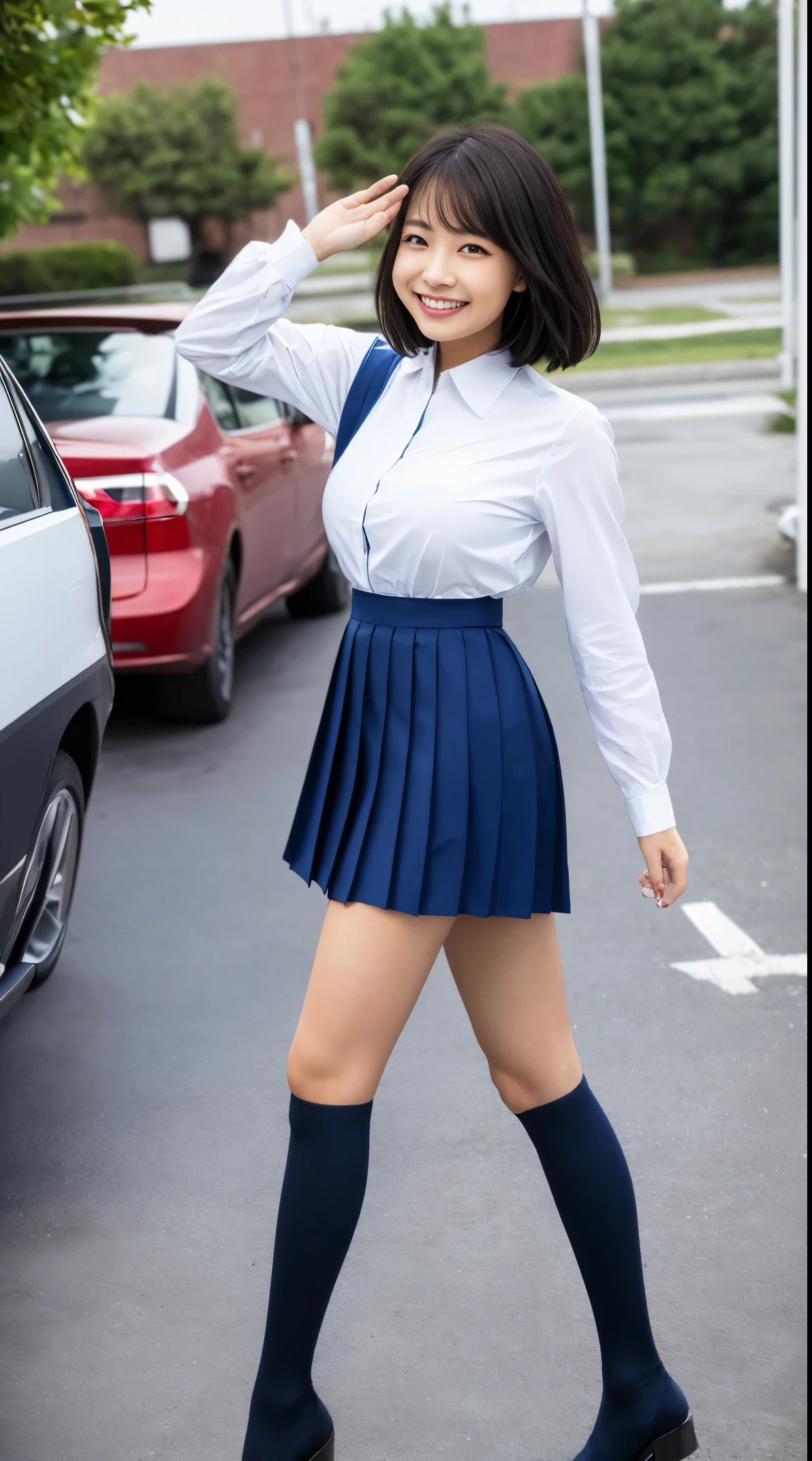 (in 8K、超A high resolution、Best Quality、masuter piece、Photorealsitic、The ultra -The high-definition)、huge tit、爆乳、hi-school girl、White shirt、navy pleats skirt、lowfers、30 denier black stockings、black hair short cut、Walking on the way to school、A Japanese Lady、Super cute、Cute smile