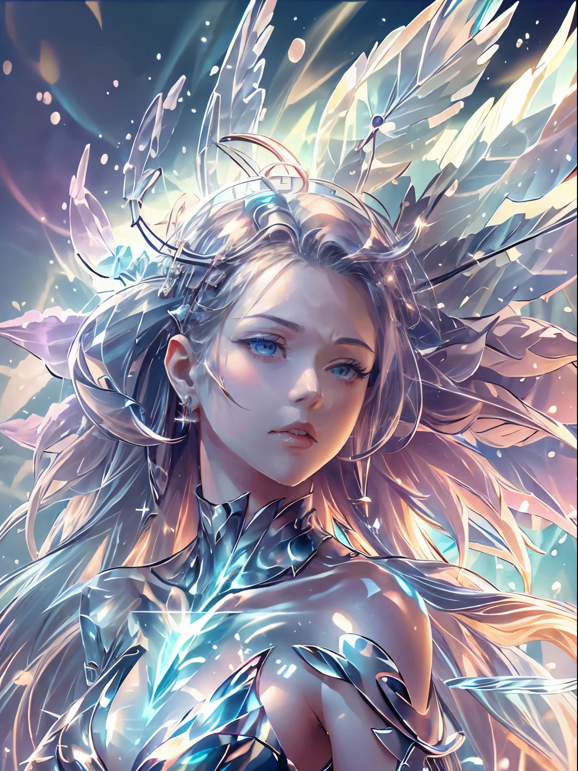 ((Need)), ((tmasterpiece)), (A detailed)),Futuristic translucent ethereal angel,girl,full bodyesbian,the whole,Big background,The character is centered,grand,powers,Sky cloud background,Futuristic wonderland background,The feathers are extra-large,With wings,suns,holy rays,The halo,Colorful rainbow,16k,UHD resolution, composition,anatomy correct,Surreal dreams,Art fantasy style,Epic digital fantasy art style,Art germ, Manteau blanc, Radiant light octane rendering is highly detailed,The face is meticulously depicted,Delicate makeup,finely-detailed eyes,divino,Not exposed,with a good figure