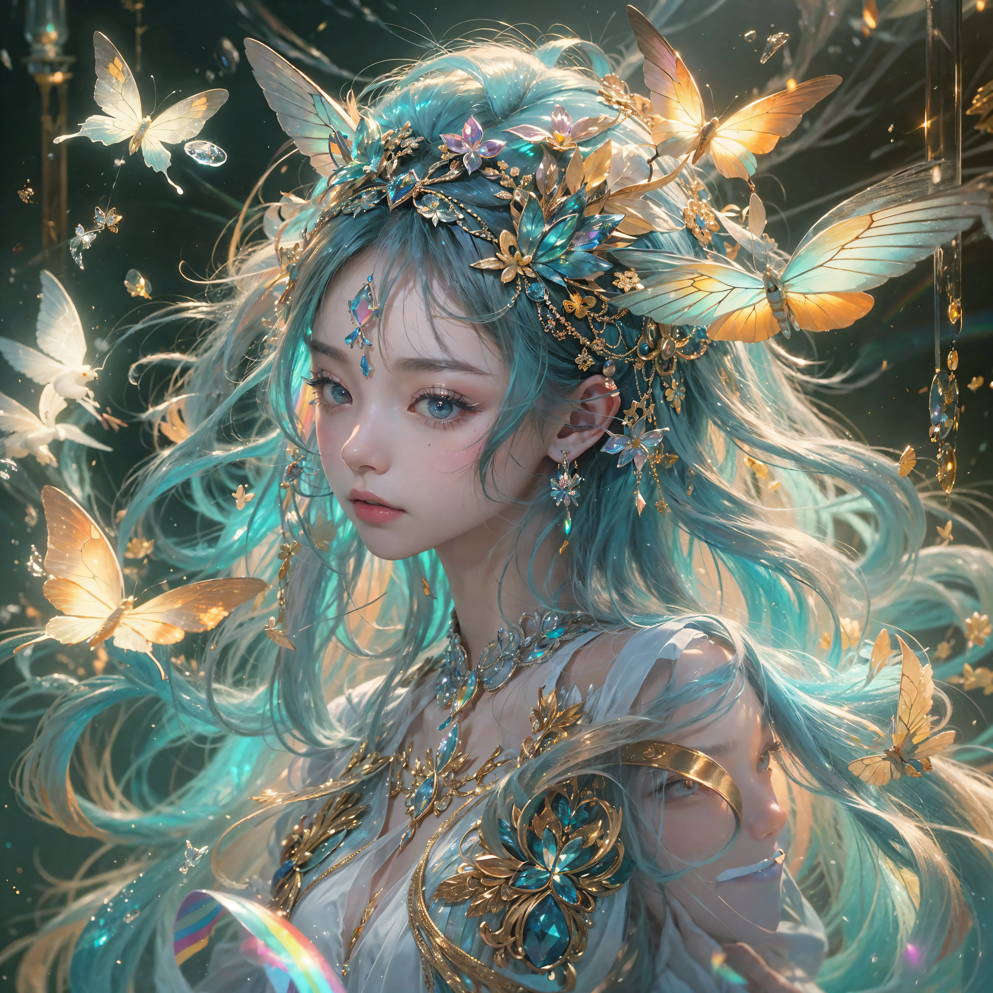 (((tmasterpiece))), (((Best quality at best))), ((ultra - detailed)),(Highly detailed CG illustration), ((Extremely Delicately Beautiful)),电影lamplight, 模仿当前流行的该type的风格，Create stunning works of fantasy art. 艺术作品应contains an icon神话幻想和童话幻想的元素，And comes in dreamy rainbow colors. ((Use the rainbow as the primary color scheme.)) figure in the work is a delicate and strong petite figure，Full of mystery and magic， (美丽的Translucent rainbow翅膀). Pay close attention to intricate facial features, Such as bright colors and eye-catching shadows. 人物&#39;Costume design should use tulle feathers, silk dress, Amazing embroidery, and subtle iridescent details. contains an icon (((Translucent rainbow))), dream color, 动态照明, Detailed background elements create a sense of awe and immersion. Includes a colorful flying magical bird and a jewel-toned rainbow butterfly with a magical halo. Consider the latest trends in fantasy art, 例如融入独特的lamplight效果, Discover dynamic and eye-catching composition techniques, And try a unique color palette. Get inspired by artists on ArtStation and Midjourney. cameras: Choose an angle that highlights the beauty of the figure and enhances the magical majesty of the artwork. lamplight: Create depth and mood with mood lighting technology. settle down: Pursue high-resolution artwork，Demonstrate intricate detail and clarity. Artistic inspiration: Find inspiration from popular artists on ArtStation, Explore different styles, type, and the theme.
