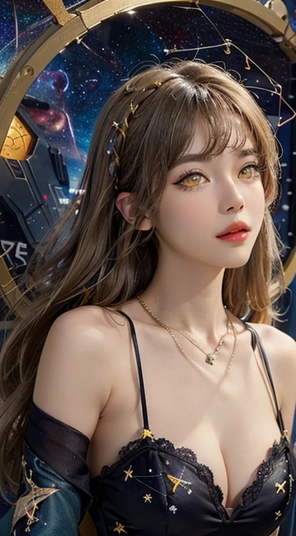 Huge breasts、27-year-old girl、sexy yellow deep slit chest、black lace deep slit chest、Extravagant glitter style、dark and mysterious version、red lipsticks、 thin and clean lips、don't smile、Keep your mouth shut、Characters created by Karol Baku and Pino Denis、intricate-detail、细致背景、A highly detailed、light magic、One lady、face perfect、Clear face、look at the goddess'face and round chest、length hair、Flat, Bangorty face and well-proportioned eyes、 (yellow eyes:1.8)、big round eyes and very beautiful and meticulous makeup,,,,、Long Silk Shirt、Mystical makeup、wear flat bangs、dyed bright blonde、The upper part of the bodyは女神です、Arms are drooping、 realisiticで鮮やかな画像、(stars that make up the zodiac:1.7)、 (Broken constellations and space-time gate on sky background、Textured:1.8)、fiction art、Raw photography、photograph credit: Humph Fost、The highest resolution、best qualtiy、best photo quality、The 8k quality、8K Extreme、超realisitic、最もrealisiticな、goddess portrait art、1 portrait of a goddess、 最もrealisiticな配est picturesの色, masterpiece, hair adornments, a necklace, jewely, cute face, The upper part of the body, Tindall Effect, フォトrealisitic, Dark Studio, border light, bright two-tone color, (High detailed skin:1.2), 8K UHD, Digital SLR, softlight, hightquality, Volumetric Lights, realisitic, snap shot, hight resolution, 4k画质, 8K, bokeh dof, Smooth and sharp, 10x pixel increments, 女性のSexy Goddess, Sexy Goddess、