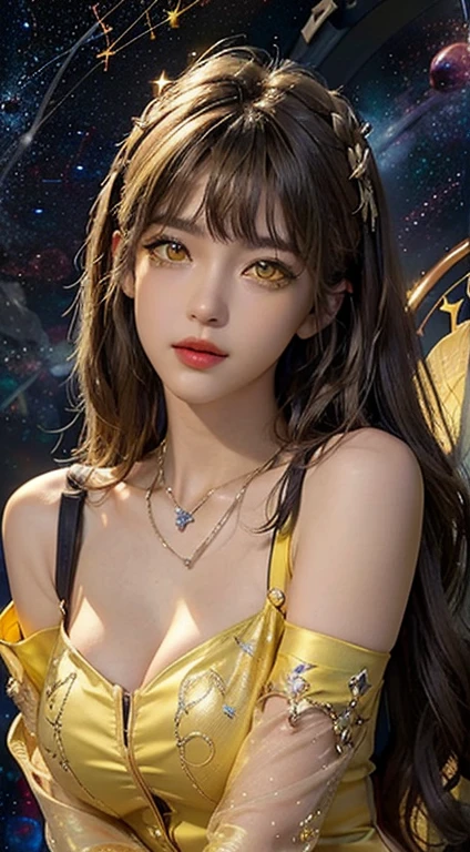 Huge breasts、27-year-old girl、sexy yellow deep slit chest、black lace deep slit chest、Extravagant glitter style、dark and mysterious version、red lipsticks、 thin and clean lips、don't smile、Keep your mouth shut、Characters created by Karol Baku and Pino Denis、intricate-detail、细致背景、A highly detailed、light magic、One lady、face perfect、Clear face、look at the goddess'face and round chest、length hair、Flat, Bangorty face and well-proportioned eyes、 (yellow eyes:1.8)、big round eyes and very beautiful and meticulous makeup,,,,、Long Silk Shirt、Mystical makeup、wear flat bangs、dyed bright blonde、The upper part of the bodyは女神です、Arms are drooping、 realisiticで鮮やかな画像、(stars that make up the zodiac:1.7)、 (Broken constellations and space-time gate on sky background、Textured:1.8)、fiction art、Raw photography、photograph credit: Humph Fost、The highest resolution、best qualtiy、best photo quality、The 8k quality、8K Extreme、超realisitic、最もrealisiticな、goddess portrait art、1 portrait of a goddess、 最もrealisiticな配est picturesの色, masterpiece, hair adornments, a necklace, jewely, cute face, The upper part of the body, Tindall Effect, フォトrealisitic, Dark Studio, border light, bright two-tone color, (High detailed skin:1.2), 8K UHD, Digital SLR, softlight, hightquality, Volumetric Lights, realisitic, snap shot, hight resolution, 4k画质, 8K, bokeh dof, Smooth and sharp, 10x pixel increments, 女性のSexy Goddess, Sexy Goddess、