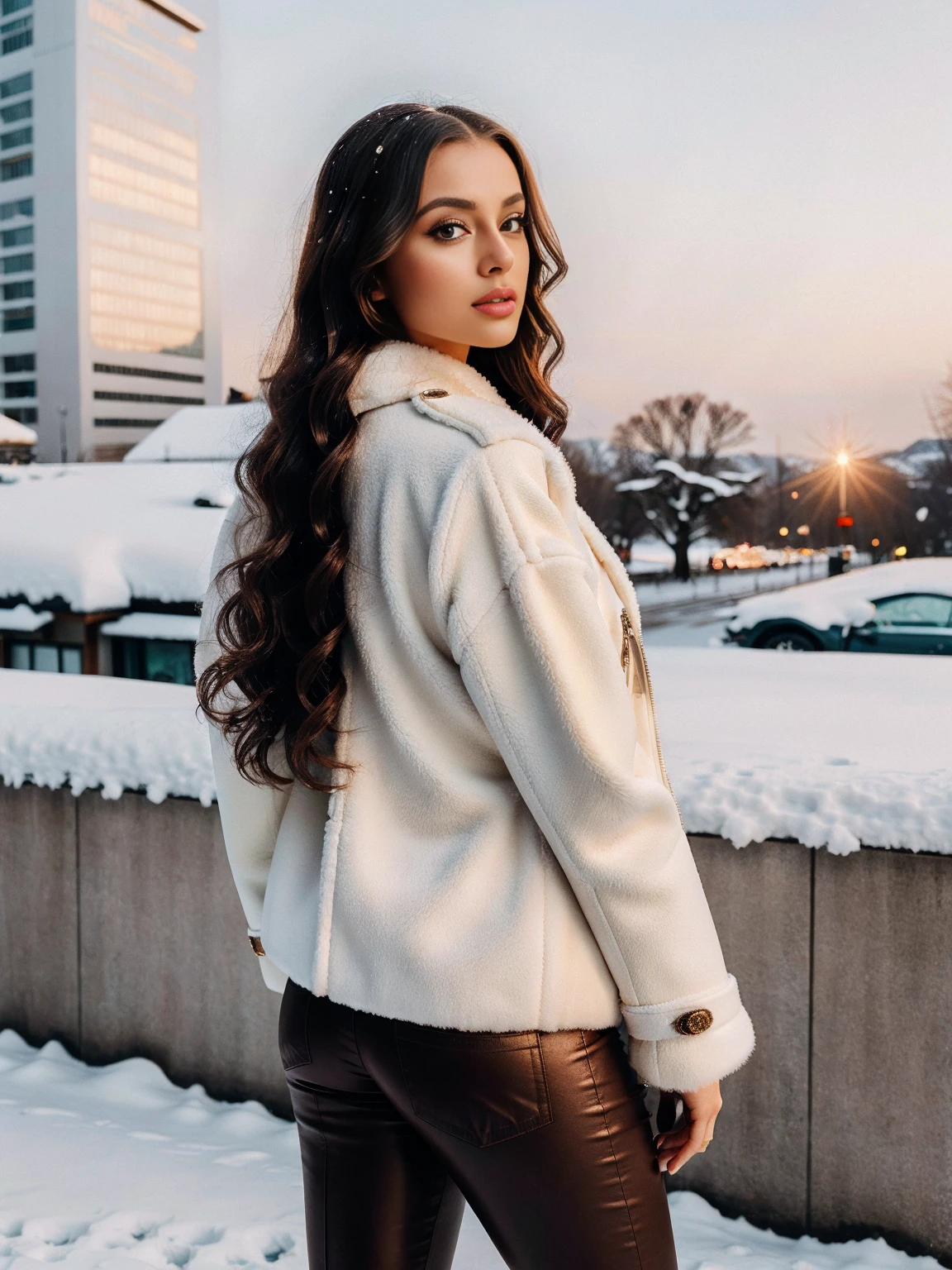 Sexy woman, Albanian, 30 years, cute, neat face, detailed, small neat nose, neat plump lips, big eyes, brown eyes, Alice Milano, long hair, curly hair, natural shine, chocolate hair, full body portrait, focus on face, look back, without makeup, gorgeous, city girl, western, hot girl with a cute face, best quality, 4k, 8k, The girl wears a wide white mink fur coat, Underneath the jacket was white sweater and skinny pants, Snowscape, winter, snow town,from back