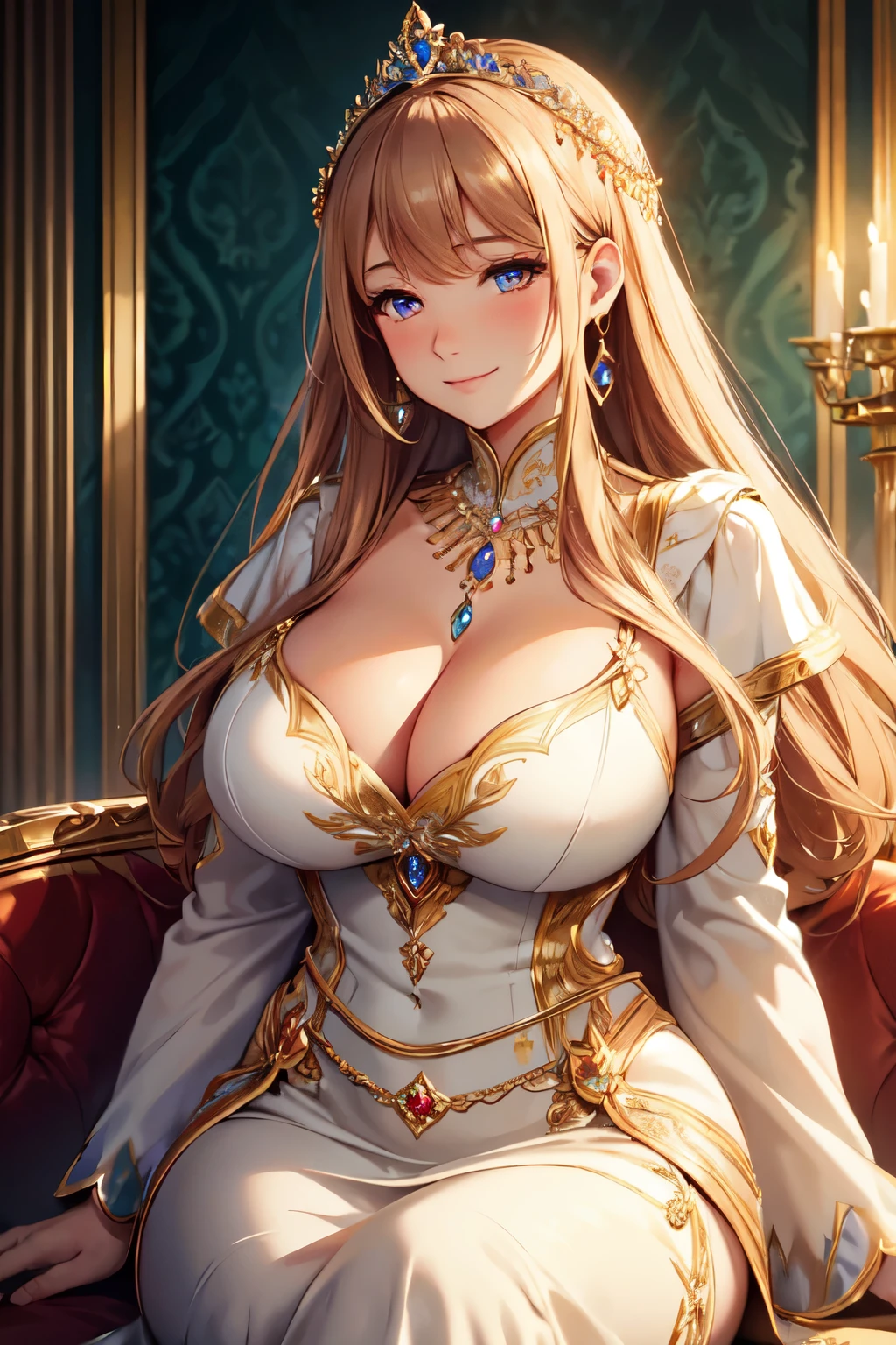 (High quality, High resolution, Fine details), Realistic, noble woman, elegant dress, luxurious jewelry, regal posture, rich background, majestic castle, warm color tones, soft lighting, solo, curvy women, sparkling eyes, (Detailed eyes), smile, blush, shallow depth of field