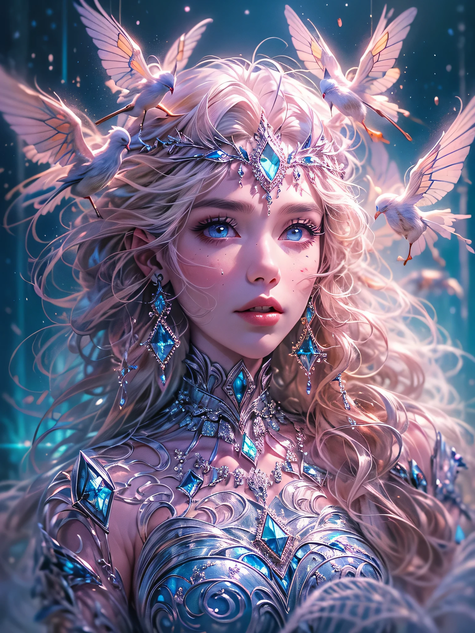 Generate a pretty and realistic fantasy artwork with bold jewel-toned ((((pink and blue)))) hues, pretty glitter and shimmer, and lots of snowflakes. Generate a luminous and petite woman with curly hair, metallic hair, and realistically textured hair. Her skin is pure white and seems to glow in the light. The woman's face is important: include ((soft, puffy, big lips, elegant features, and the most beautiful detailed macro eyes)) in the world. The woman is in a winter landscape with soft falling snow and snowflakes, soft white fur, subtle iridescent details, subtle phantasmal iridescent details, and intricate and delicate jewelry that glimmers in the light. Include many small fantasy details like gossamer silk, feathers, delicate and stunning embroidery, and luminous lighting that glimmers. The woman's face is unobscured by details and her eyes are sharp and in high resolution. Incorporate dreamy colors, dynamic lighting, and detailed background elements to create a sense of awe and immersion. Include colorful flying magical birds and jewel-toned butterflies radiating a magical aura. Consider the latest trends in fantasy art, such as incorporating unique lighting effects, exploring dynamic and compelling composition techniques, and experimenting with unique color palettes. Take inspiration from the top artists on ArtStation and Midjourney. Camera: Choose an angle that highlights the character's beauty and enhances the magical majesty of the artwork. Lighting: Utilize atmospheric lighting techniques to create depth and mood. Resolution: Aim for a high-resolution artwork to showcase intricate details and clarity. Art Inspirations: Seek inspiration from the trending artists on ArtStation, exploring different styles, genres, and themes. white skin, pale skin, really pale skin, really white skin, beautiful eyes, fantasy details, shimmer, glimmer, magical birds, magical butterflies, ornate, (((masterpiece))), add_detail:1, earth \(planet\),