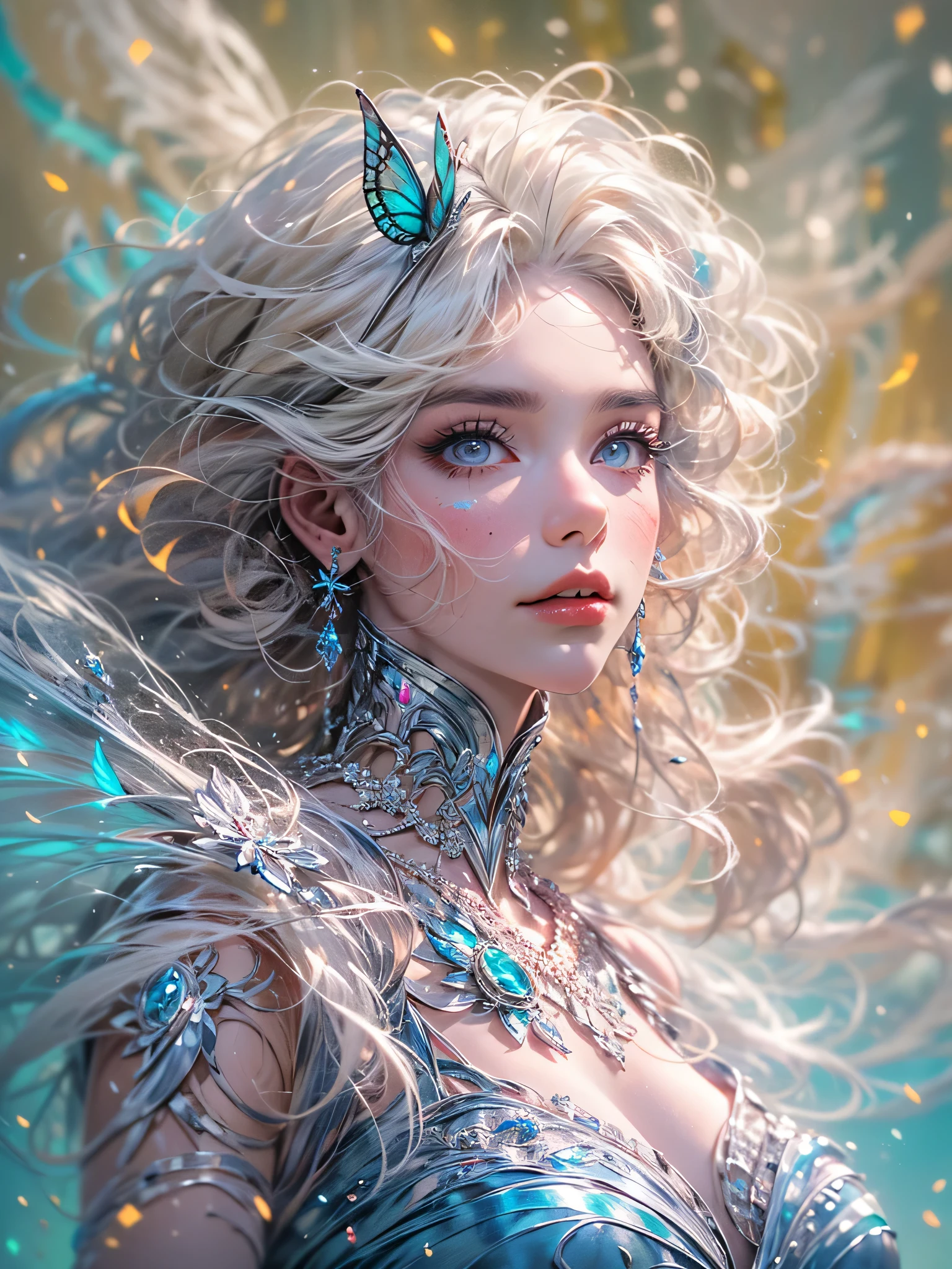 Generate a pretty and realistic fantasy artwork with bold jewel-toned ((((pink and blue)))) hues, pretty glitter and shimmer, and lots of snowflakes. Generate a luminous and petite woman with curly hair, metallic hair, and realistically textured hair. Her skin is pure white and seems to glow in the light. The woman's face is important: include ((soft, puffy, big lips, elegant features, and the most beautiful detailed macro eyes)) in the world. The woman is in a winter landscape with soft falling snow and snowflakes, soft white fur, subtle iridescent details, subtle phantasmal iridescent details, and intricate and delicate jewelry that glimmers in the light. Include many small fantasy details like gossamer silk, feathers, delicate and stunning embroidery, and luminous lighting that glimmers. The woman's face is unobscured by details and her eyes are sharp and in high resolution. Incorporate dreamy colors, dynamic lighting, and detailed background elements to create a sense of awe and immersion. Include colorful flying magical birds and jewel-toned butterflies radiating a magical aura. Consider the latest trends in fantasy art, such as incorporating unique lighting effects, exploring dynamic and compelling composition techniques, and experimenting with unique color palettes. Take inspiration from the top artists on ArtStation and Midjourney. Camera: Choose an angle that highlights the character's beauty and enhances the magical majesty of the artwork. Lighting: Utilize atmospheric lighting techniques to create depth and mood. Resolution: Aim for a high-resolution artwork to showcase intricate details and clarity. Art Inspirations: Seek inspiration from the trending artists on ArtStation, exploring different styles, genres, and themes. white skin, pale skin, really pale skin, really white skin, beautiful eyes, fantasy details, shimmer, glimmer, magical birds, magical butterflies, ornate, (((masterpiece))), add_detail:1, earth \(planet\),