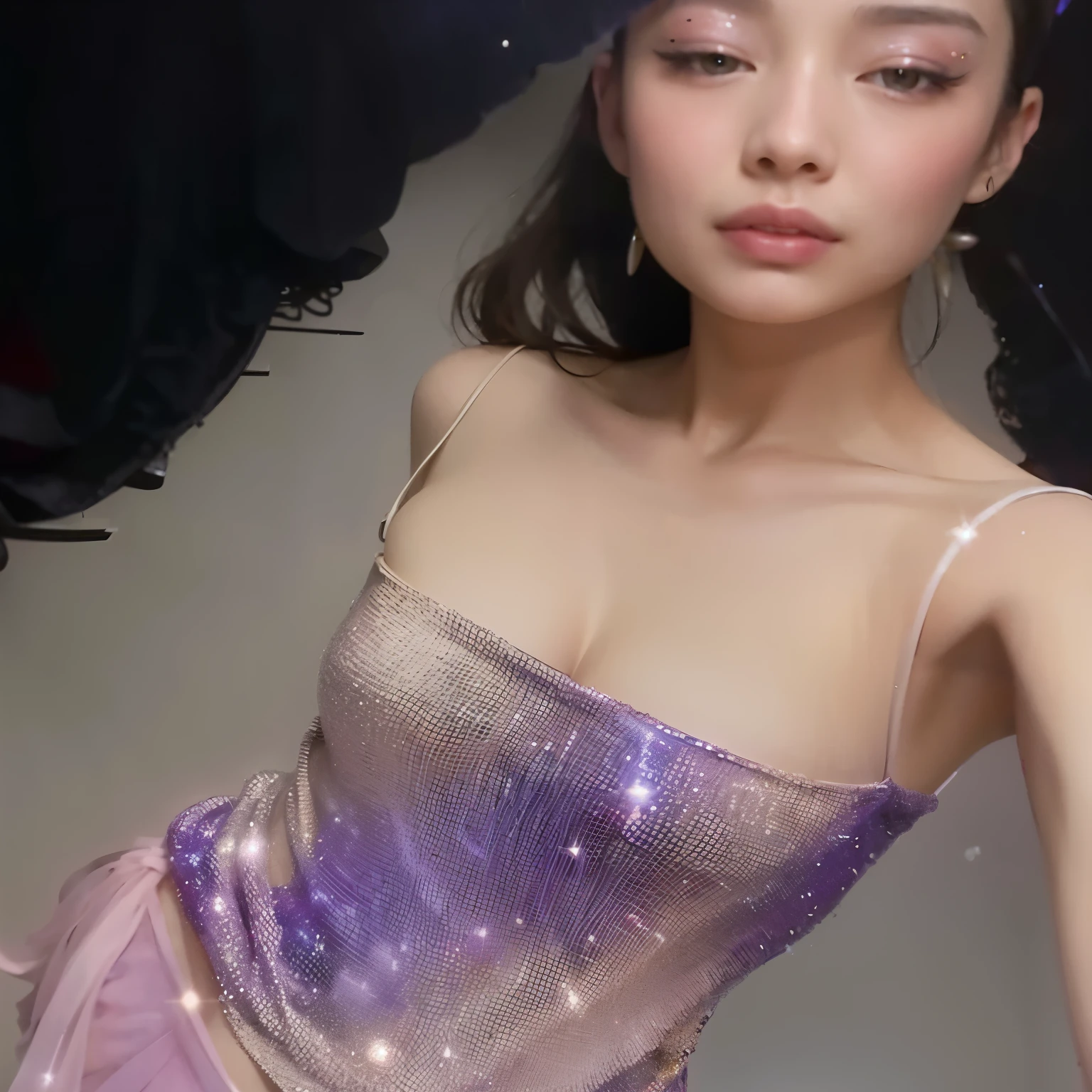 A close-up of a woman in a purple dress posing for a photo, con un vestido hecho de estrellas, con un vestido brillante, iridescent shiny sheer lingerie, Esposa, vestido glitter, magic robe, Wenfei Ye, fantasy robe, Yanjun Chengt, Sha Xi, vestido sexy, translucent dress, dilraba dilmurat, 2 0 2 0 moda