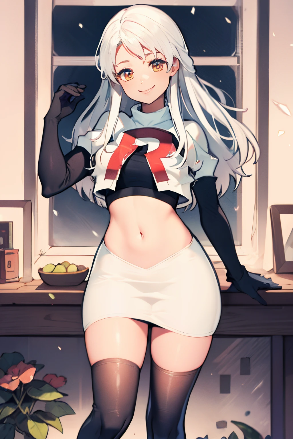 micaiah fe, team rocket uniform, red letter R, white skirt,white crop top,black thigh-highs,black elbow gloves, confident smile
