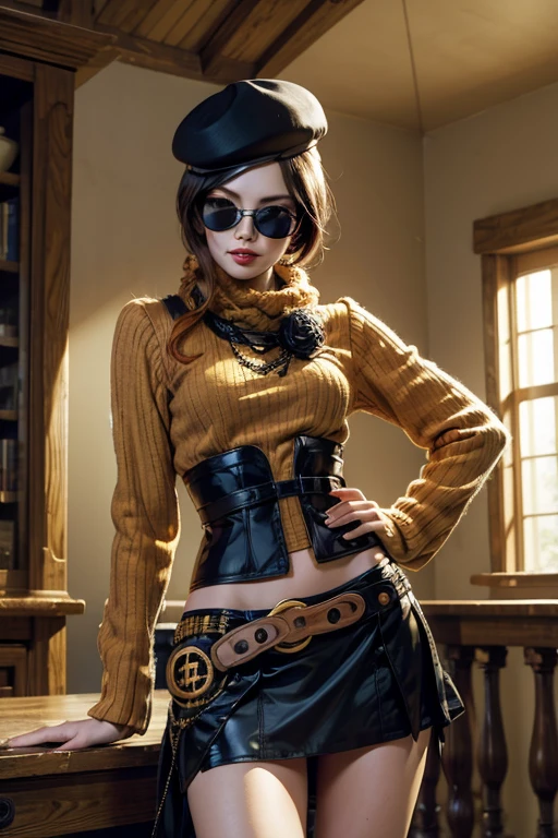 (masterpiece, best quality:1.2), cowboy shot, solo, 1girl, coco adel, grin, looking at viewer, hand on hip, beret, sunglasses, orange sweater, corset, black gloves, skirt, jewelry, belt, bandolier, standing on veranda