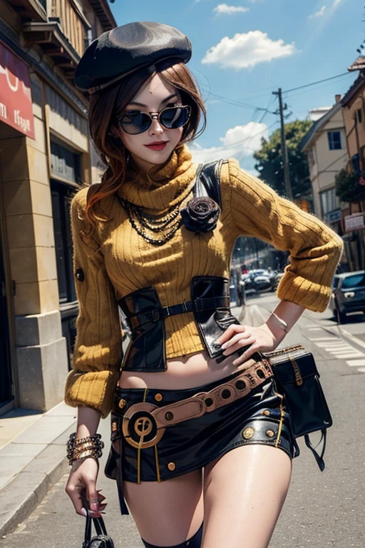 (masterpiece, best quality:1.2), cowboy shot, solo, 1girl, coco adel, grin, looking at viewer, hand on hip, beret, sunglasses, orange sweater, corset, black gloves, skirt, jewelry, belt, bandolier, standing on veranda