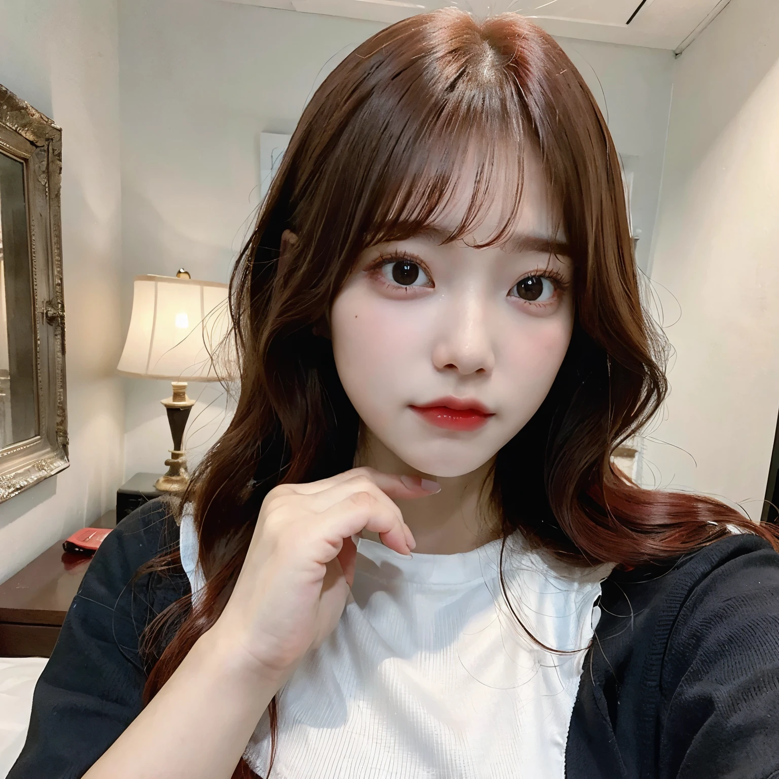 1 girl, solo, baby face, long hair, red hair, long hair, close-up face, white shirt, room, 16K UHD, masterpiece, best quality, highest quality resolution