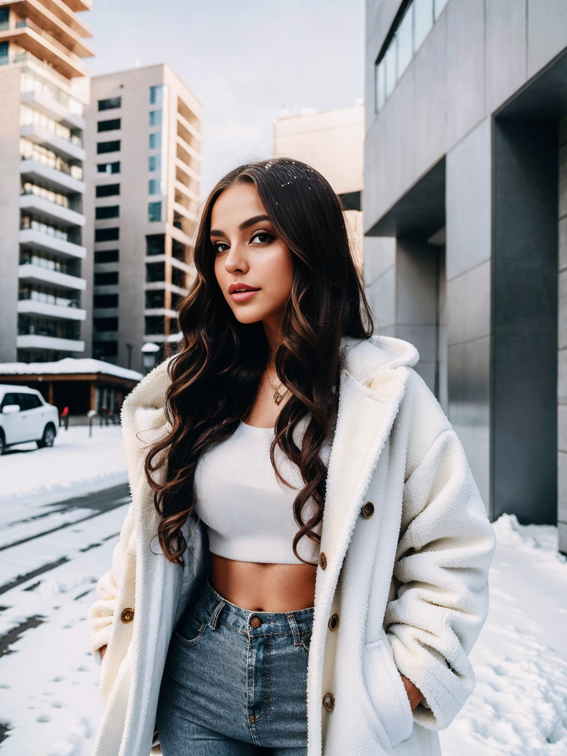Sexy woman, Albanian, 30 years, cute, neat face, detailed, small neat nose, neat plump lips, big eyes, brown eyes, Alice Milano, long hair, curly hair, natural shine, chocolate hair, full body portrait, focus on face, look back, without makeup, gorgeous, city girl, western, hot girl with a cute face, best quality, 4k, 8k,  The girl wears a wide white mink fur coat, Underneath the jacket was white sweater and skinny pants, Snowscape, winter, snow town,from back