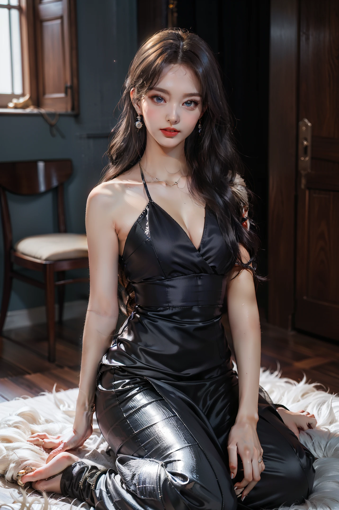 (Best Quality, Masterpiece:1.4), (Realism:1.2), (Realisitc:1.2), (Absurdres:1.2), (photorealistic:1.3), 1girl,Realistic Skin,Solo,( Very Big Eyes,beautiful detailed eyes, symmetric eyes),cowboy shot,large breasts, ,dsr50highest, ahoge, evening gown, blush, full-face blush, standing, black ribbon, full body, heart-shaped pupils, bare legs, <lora:dsr50V2f-09[dsr50red,china dress][dsr50highest,evening gown]:1>