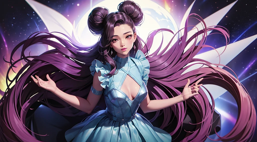 seraphine1, league of legends, pink hair, queen, nsfw, risque pose, big boobs, digital illustration, vibrant colors, soft lighting, perfect face, absurdres, ultrasharp, 8K, long hair, space buns, ta dress, gothic, dark angel
