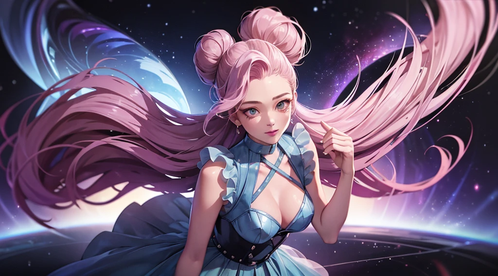 seraphine1, league of legends, pink hair, queen, nsfw, risque pose, big boobs, digital illustration, vibrant colors, soft lighting, perfect face, absurdres, ultrasharp, 8K, long hair, space buns, ta dress, gothic, dark angel