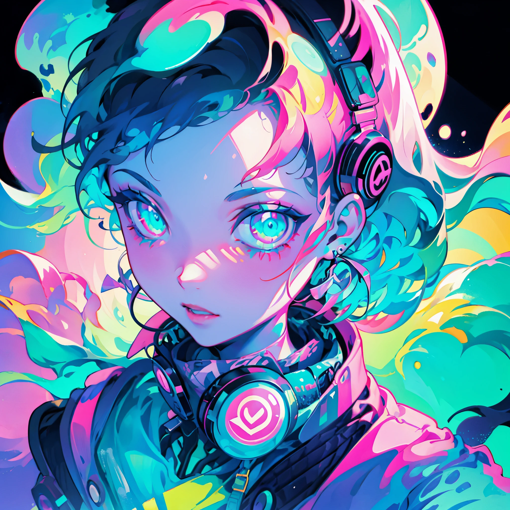 masterpiece、top-quality、ultra-detailliert、Official art、Beautifully Aesthetic、1girl in、glitch art:1.5、colourfull:1.5,Anime girl,with a colorful hair and a pair of headphones, rossdraws cartoon vibrant, with splatoon style, dripping in neon paint, neonpunk, anime style 4 k, decora inspired illustrations, anime art wallpaper 4k, anime art wallpaper 4 k, jen bartel, neon color bleed, anime vibes, vibrant fan art, glitchpunk girl