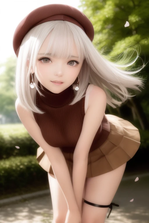 (Short flowy haircut) ,(((chestnut brown eye colour))), cute medium side bangs, (((white hair))), blooming cherry tree at the center of the background, ultra detailed, young Japanese woman , wearing simple earrings and necklace, ((wearing thick thigh strap)), beautiful face, ((wearing a sleeveless turtleneck cotton sweater)), ((waist-high pleated skirt)), ((hair flowing beautifully in the wind)) , perfect smooth legs, ((knees pointing inwards)),  (((contrast rich rim lighting from both sides))) , ((very short red finger nail polish)), (laced up boots) , (realistic eyes) , firm large sized breasts, thick calves, correct anatomy, tony taka art style, (cherry petals flying in the air by a soft breeze),ultra wide angle view, ((cinematic depth of field)), bokeh particles, (((crossed arms))), (cute smiling face), (((leaning forward))), wearing a cute beret with a ribbon bow