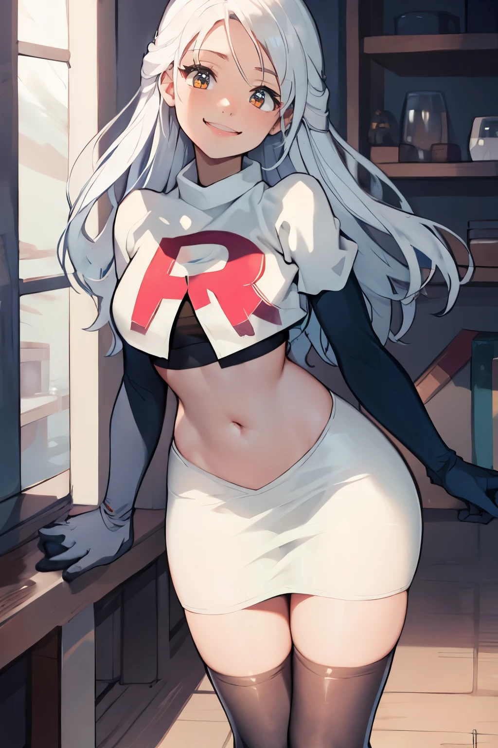 micaiah fe,  team rocket uniform, red letter R, white skirt,white crop top,black thigh-highs,black elbow gloves, confident smile