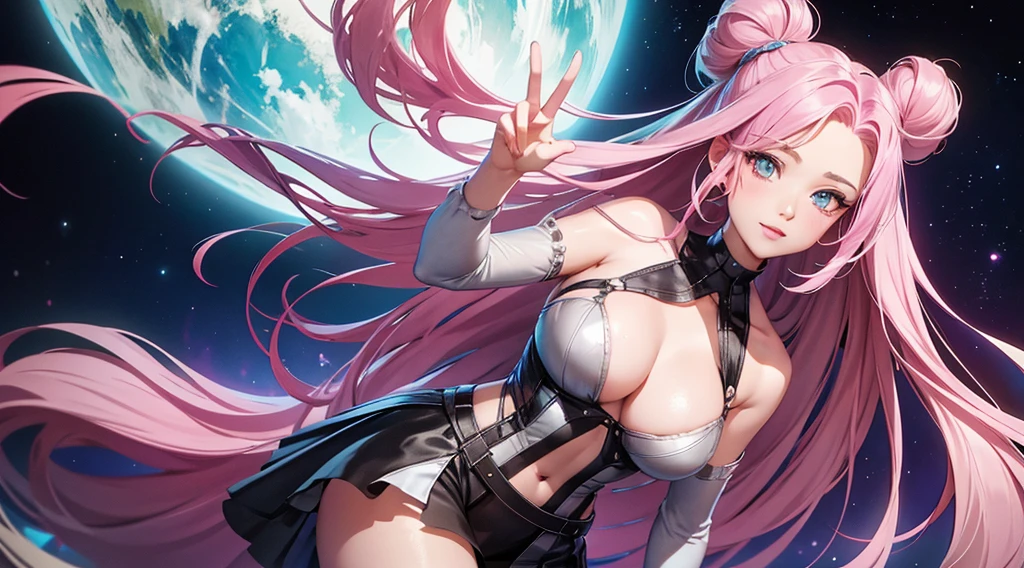 seraphine1, league of legends, pink hair, queen, nsfw, risque pose, big boobs, digital illustration, vibrant colors, soft lighting, perfect face, absurdres, ultrasharp, 8K, long hair, space buns, ta dress, gothic, dark angel