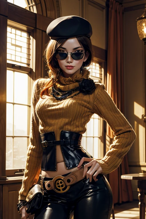 (masterpiece, best quality:1.2), cowboy shot, solo, 1girl, coco adel, grin, looking at viewer, hand on hip, beret, sunglasses, orange sweater, corset, black gloves, yoga pants, jewelry, belt, bandolier, standing on veranda