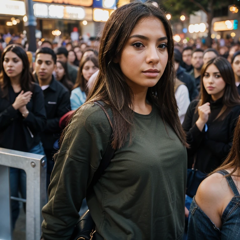 Girl looking like Jennifer Lopes distracted alone in the crowd