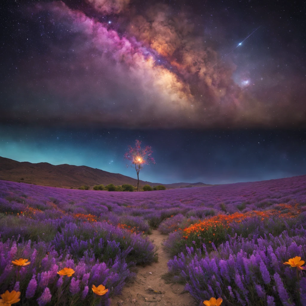 fotografia de paisagem expansiview from below with a view of the sky and desert beloirl standing in a field of flowers looking up))), (lua cheia: 1.2), (Estrela cadente: 0.9), (nebula: 1.3), montanha distante, tree BREAK production art, (Fonte de Luz Quente: 1.2), (Pirilamplighto: 1.2), lamplight, roxo e laranja, detalhes intrincados, Volume Lighting, Realismo BREAK (master part: 1.2) (melhor qualidade), 4k, ultra-detalhado, (Dynamic configuration: 1.4), detalhes altamente detalhados e coloridos, (Cores iridescentes: 1.2), (bright illumination, Atmospheric Illumination), sonhador, magica, (sozinho: 1.2)