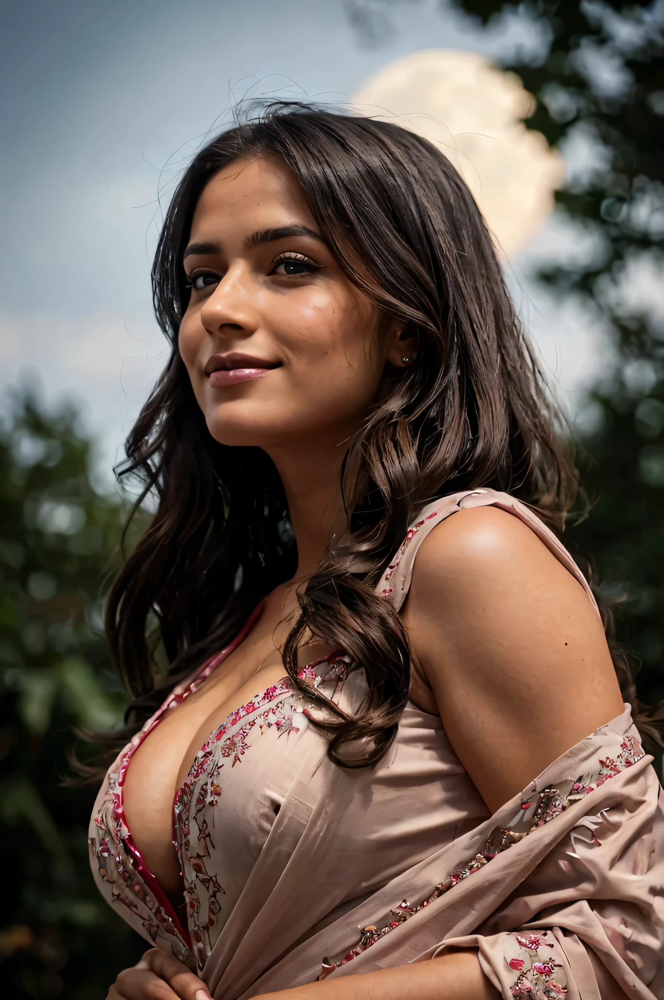 Cute brunette wearing a pink saree looking at the moon, very detailed, 30 years old, innocent face, big natural breasts, natural wave hair, blue eyes, high-res, masterpiece, best quality, intricate details, highly detailed, sharp focus, detailed skin, realistic skin texture, texture, see all body, detailed eyes, professional, 4k, charmer smile, shot on Canon, 85mm, shallow depth of field, Kodak vision colour, perfect fit body, extremely detailed, photo_\(ultra\), photorealistic, realistic, post-processing, max detail, roughness, real life, ultra-realistic, photorealism, photography, 8k UHD, photography (film grain) medium shot to close up shot happy smiling atmospheric dark lighting, wide shot, red heels, very detailed face