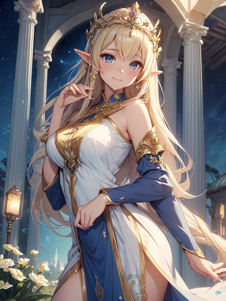 top-quality、Top image quality、masterpiece、Super beautiful elf beauty((24 year old、Best Bust、big bast、Bust 90,beautiful blue long ironed hair、a blond、A sexy、A slender、a closeup、Esbian、beautiful tiara、hiquality、Beautiful Art、Background with((starrysky)))masutepiece、visualart、depth of fields、low angle of morning sky、、Elven ears、、light magic、Space Knight、harp melody🎵、Happy smile、Gentle light、、Beautiful legs that are gentle on the skin、、、Number of fingers to achieve precise finger movements、ticker beautiful decoration underwear、elegent、Mystical Rosa、 field under the flower garden、Marble pillars, beautiful dressy、magnificent marble dome、giant globe、religious painting