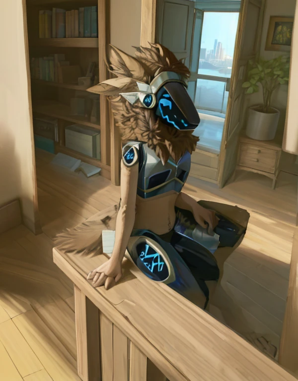 (very detailed illustration: 1.2), mejor calidad, obra maestra, solo, natural lighting, protogen, (cara de protogen: 1.1), (visor protogen: 1.1), cola coffee, torso, ojos amarillos, dark brown fur, dark brown hair, brown fur, sentado en una silla de madera, apartamento, mesa de madera, sillas de madera, maceta con una planta grande verde, hojas soplando, una ventana, afuera de la ventana hay una gran ciudad a la distancia, paisaje