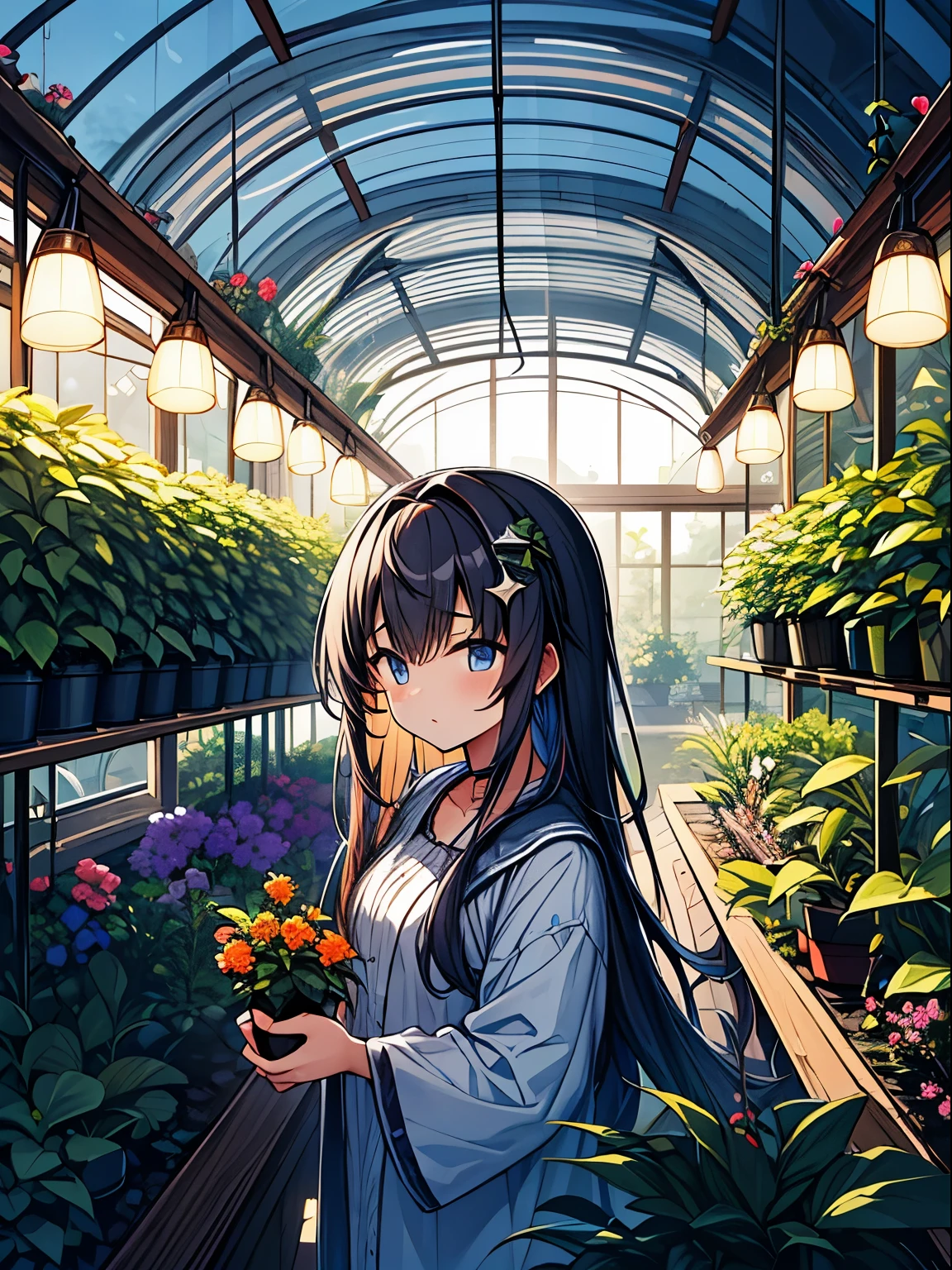 masterpiece:1.4, 1girl in,In a greenhouse nestled quietly in the deep forest、One gardener々is passionate about。The owner of this greenhouse、I take care of special magical plants that can't be found anywhere else.。This plant is、Although she usually has a plain appearance,、At night, it reveals its true beauty。
When night comes、A faint glow begins to appear from the leaves of the plants.、Eventually, the light will move to the fruit.。The fruit has a strange shape、Each one illuminates the greenhouse like a small lamp.。The color of the light changes quietly、sometimes deep purple、sometimes bright blue、sometimes turns into a warm orange。This fantastic sight、Like a star floating in the night sky々it seems like。