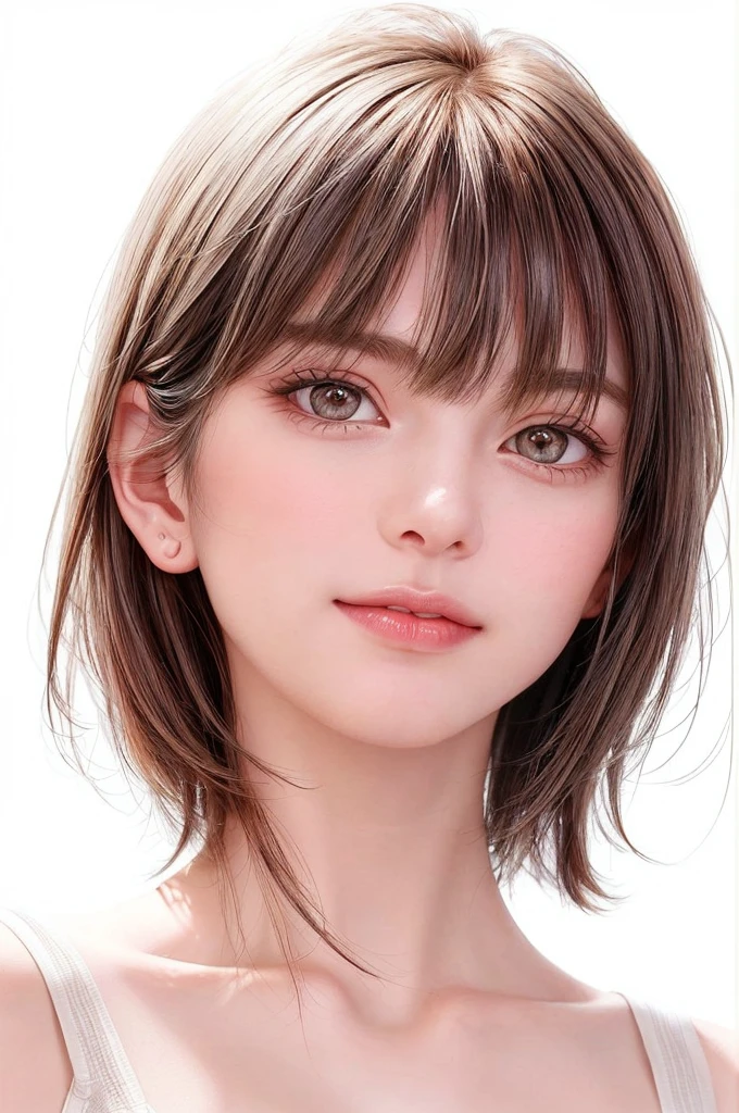 (((Showpiece, of the highest quality, highly accurate)), One girl, (Big breasts, Photorealistic: 1.4), ((slightly above also Look up the camera, Look up at the camera, Look up, Look up at the camera))), Solo, , White background, snow-White background, closes mouth, Happy smile, Smile happily, pretty black hair, Short hair, Big eyes, pronounced double eyelids, Eyelashes, Ears out, long neck, long neck, Absolute area, ((Face Close-up, Short hair with Bangs)), 19 years old, Attractive proportions, Shiny skin, Clean collarbone, Golden Ratio Face, Perfect face, tiary mall, Mole on the chest, Bangs, clean Bangs, beautiful Bangs, Lip gloss, thin lips, White skin, Undressed, Big breasts, a small face, a small face, Look slightly upward at the camera and smile a little., really nothing pure White background, Very big big, Big breasts))