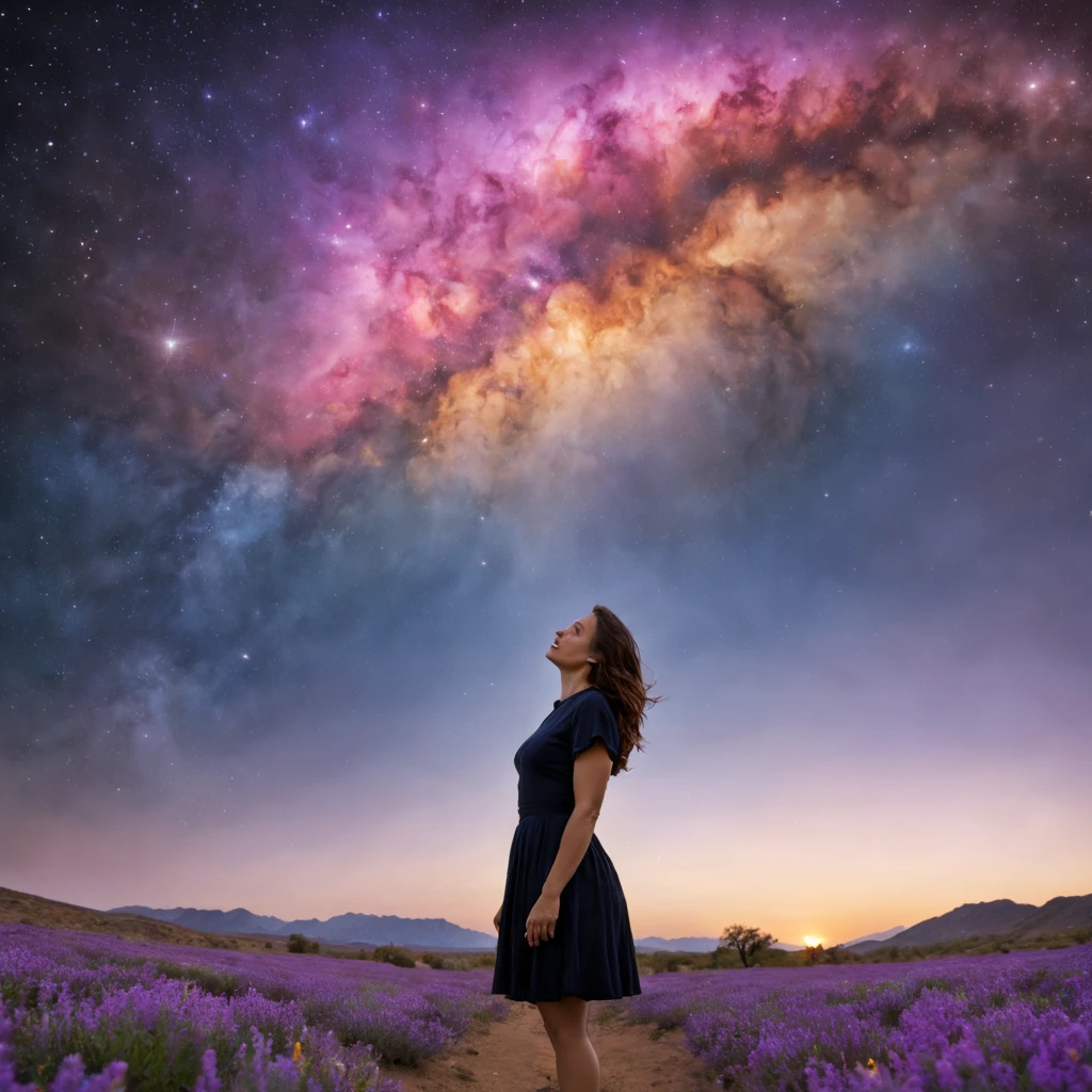 fotografia de paisagem expansiview from below with a view of the sky and desert beloirl standing in a field of flowers looking up))), (lua cheia: 1.2), (Estrela cadente: 0.9), (nebula: 1.3), montanha distante, tree BREAK production art, (Fonte de Luz Quente: 1.2), (Pirilamplighto: 1.2), lamplight, roxo e laranja, detalhes intrincados, Volume Lighting, Realismo BREAK (master part: 1.2) (melhor qualidade), 4k, ultra-detalhado, (Dynamic configuration: 1.4), detalhes altamente detalhados e coloridos, (Cores iridescentes: 1.2), (bright illumination, Atmospheric Illumination), sonhador, magica, (sozinho: 1.2)