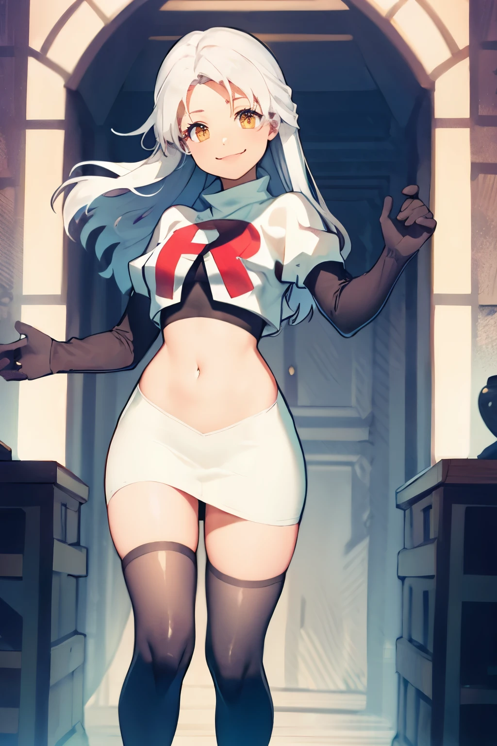 micaiah fe, team rocket uniform, red letter R, white skirt,white crop top,black thigh-highs,black elbow gloves, confident smile