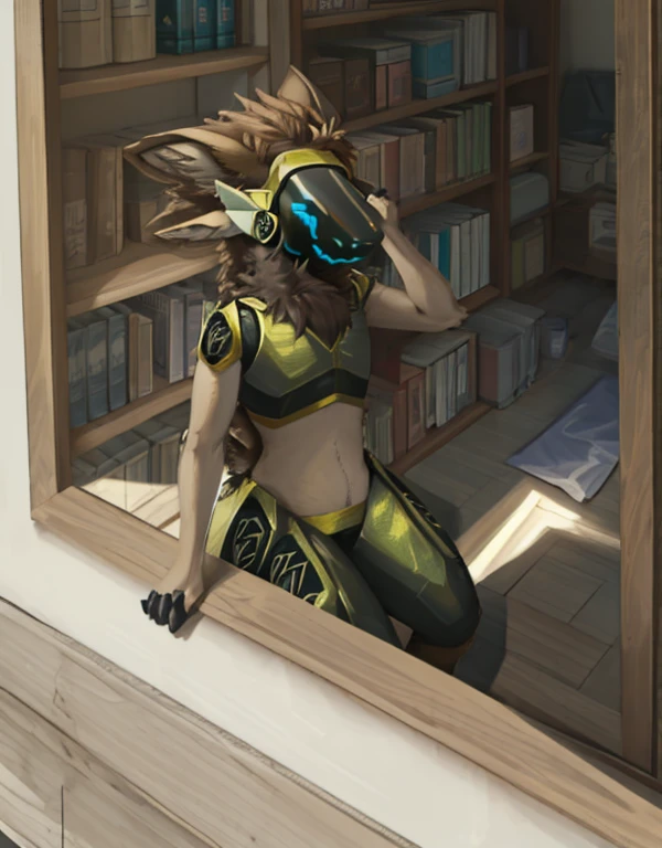 (very detailed illustration: 1.2), mejor calidad, obra maestra, solo, natural lighting, protogen, (cara de protogen: 1.1), (visor protogen: 1.1), cola coffee, torso, ojos amarillos, dark brown fur, dark brown hair, brown fur, sentado en una silla de madera, apartamento, mesa de madera, sillas de madera, maceta con una planta grande verde, hojas soplando, una ventana, afuera de la ventana hay una gran ciudad a la distancia, paisaje
