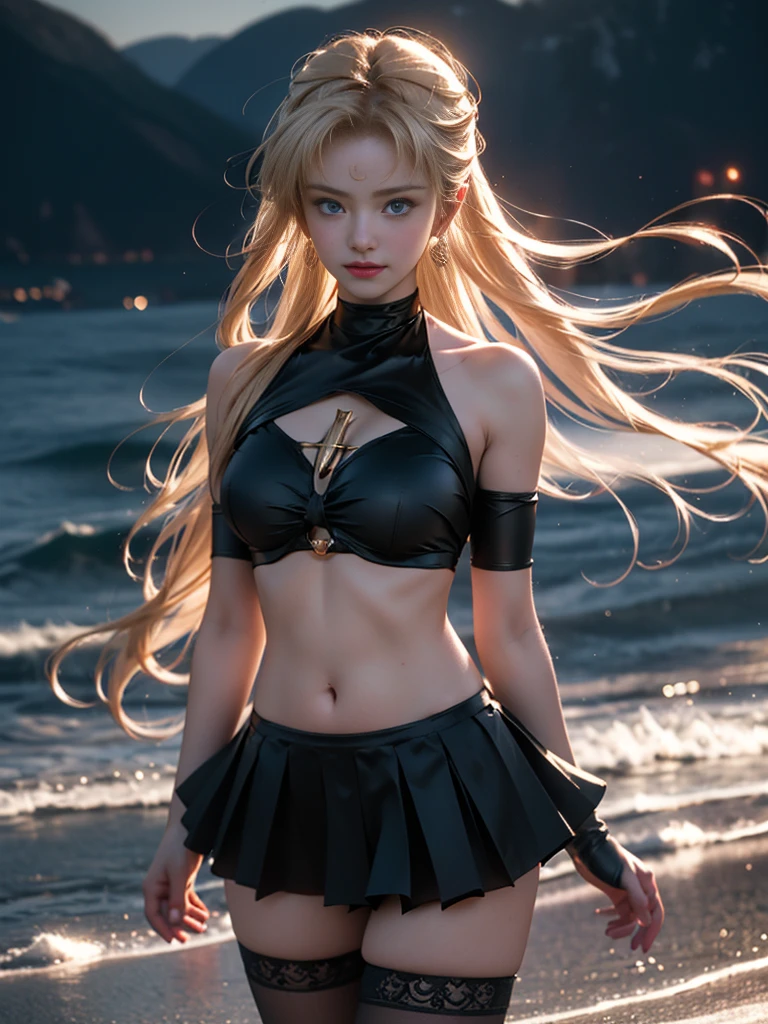tmasterpiece,Highest image quality,super detailing,Best quality ,Extremely Delicately Beautiful, Very meticulous,Best quality, offcial art, extremely detaild的 CG unified 8k wallpapers,(CG Unity 8K wallpaper in extreme detail,tmasterpiece,Highest image quality),(Delicate light and shadow,The picture is highly dramatic,Cinematic lens effect), (the sailor moon:1.1),Charming smile,double tails, eBlue eyes,golden hair, Skinny lace top,whitegloveini-skirts,dynamicposes),The background is the universe(Exceptional detail,The lighting effect is outstanding,Vista wide angle),(Excellent rendering,Enough to stand out from the crowd),性感Big breasts,The sexiest look,Twisted braided kini swimsuit,Dreamcatcher earrings,The most beautiful woman in the world,(Big breasts,Deep,The kinky is exposed,Camel toes,Taste,Black clothing,),Beautiful girl transformed,