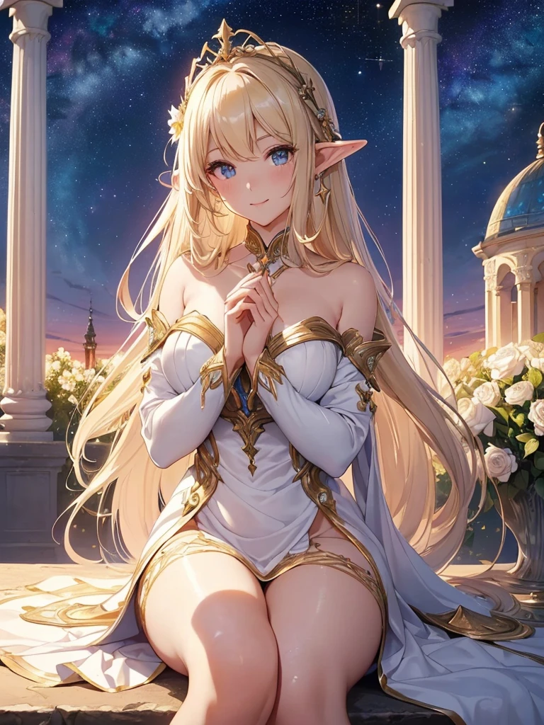 top-quality、Top image quality、masterpiece、Super beautiful elf beauty((24 year old、Best Bust、big bast、Bust 90,beautiful blue long ironed hair、a blond、globe、A sexy、A slender、a closeup、Esbian、beautiful tiara、hiquality、Beautiful Art、Background with((starrysky)))masutepiece、visualart、depth of fields、low angle of morning sky、、Elven ears、、light magic、Space Knight、harp melody🎵、Happy smile、Gentle light、、Beautiful legs that are gentle on the skin、、、Number of fingers to achieve precise finger movements、ticker beautiful decoration underwear、elegent、Mystical Rosa、 field under the flower garden、Marble pillars, beautiful dressy、magnificent marble dome、巨大なglobe、religious painting、Embracing the Earth