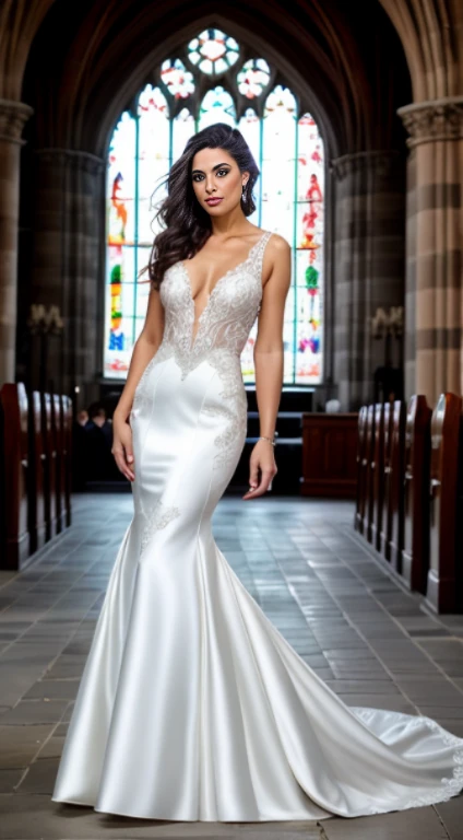 Beautiful woman in white mermaid wedding dress, dark hair, smoky style eyes, posing for a photo, use Canon reflex 85 mm, background nave of the church