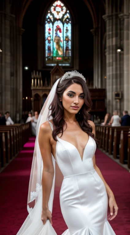 Beautiful woman in white mermaid wedding dress, dark hair, smoky style eyes, posing for a photo, use Canon reflex 85 mm, background nave of the church