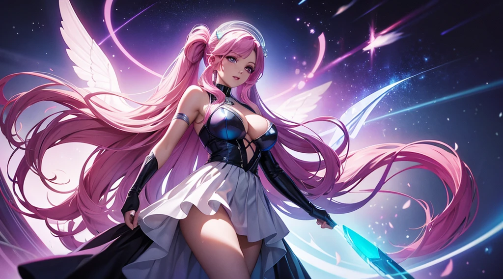 seraphine1, league of legends, pink hair, queen, nsfw, risque pose, big boobs, digital illustration, vibrant colors, soft lighting, perfect face, absurdres, ultrasharp, 8K, long hair, space buns, ta dress, gothic, dark angel