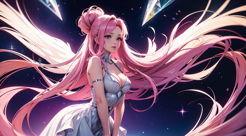 seraphine1, league of legends, pink hair, queen, nsfw, risque pose, big boobs, digital illustration, vibrant colors, soft lighting, perfect face, absurdres, ultrasharp, 8K, long hair, space buns, lolita dress, gothic, dark angel