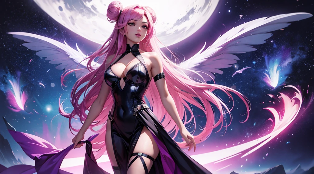 seraphine1, league of legends, pink hair, queen, risque pose, big , cleavital illustration, vibrant colors, soft lighting, perfect face, absurdres, ultrasharp, 8K, long hair, space buns, dark angel, long dress, white dress, glowing effects, feathers
