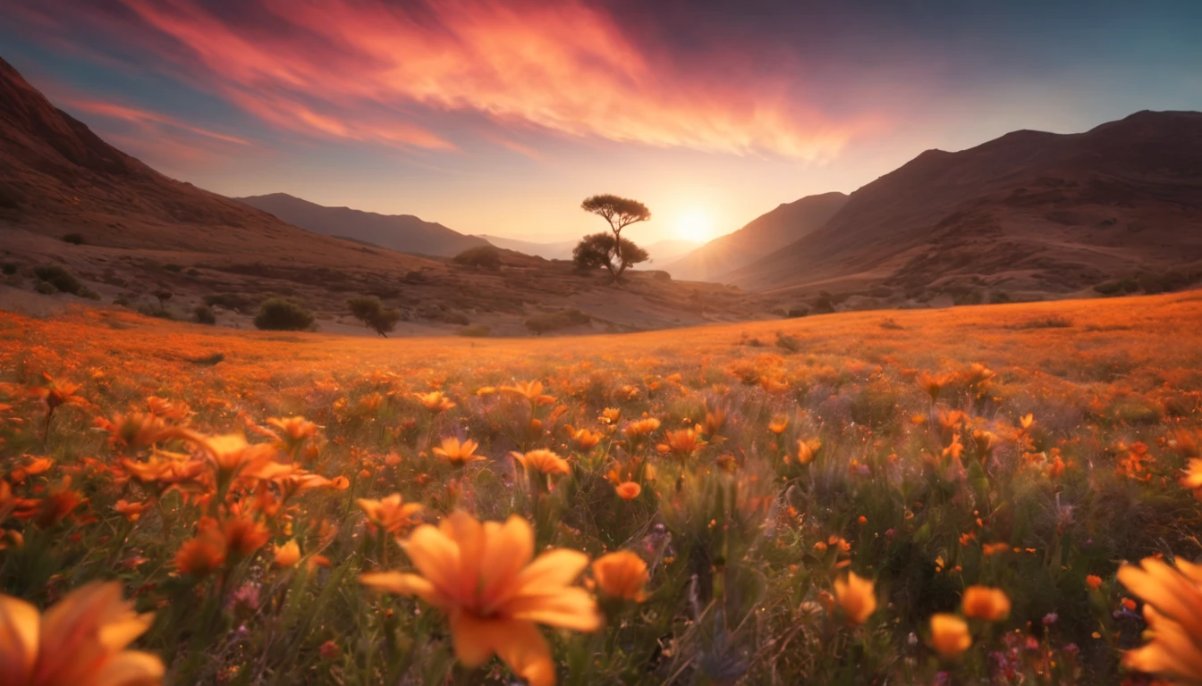 fotografia de paisagem expansiview from below with a view of the sky and desert beloirl standing in a field of flowers looking up))), (lua cheia: 1.2), (Estrela cadente: 0.9), (nebula: 1.3), montanha distante, tree BREAK production art, (Fonte de Luz Quente: 1.2), (Pirilamplighto: 1.2), lamplight, roxo e laranja, detalhes intrincados, Volume Lighting, Realismo BREAK (master part: 1.2) (melhor qualidade), 4k, ultra-detalhado, (Dynamic configuration: 1.4), detalhes altamente detalhados e coloridos, (Cores iridescentes: 1.2), (bright illumination, Atmospheric Illumination), sonhador, magica, (sozinho: 1.2)
